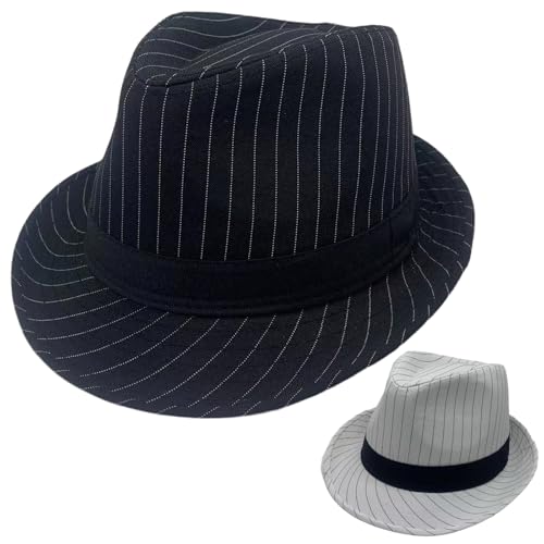 2 Pack 1920S Gangster Mob Boss Costume Pinstripe Fedora Hat Men Women - color: Black/White(size:m-l), size: Medium-Large