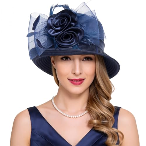 Ruphedy Women Derby Church Dress Bucket Hat Fascinators Tea Party Wedding Hat - color: Navy