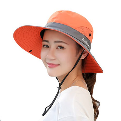 Muryobao Women's Ponytail Sun Hat UV Protection Foldable Mesh Wide Brim Beach Fishing Hat - color: Orange