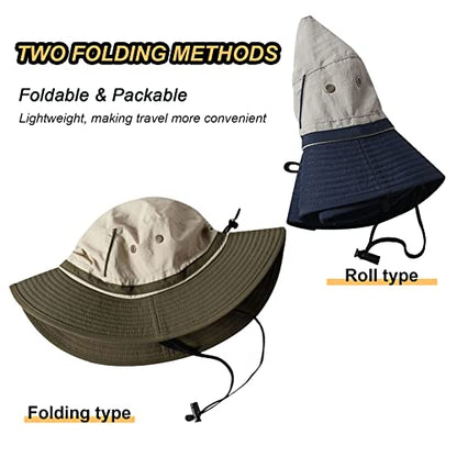 LumiSyne Unisex Two-Tone Bucket Hat Wide Brim Sun Hat UPF 50+ Adjustable Chin Strap Breathable Mesh Packable Boonie Hat - color: Khaki + Beige, size: Small-Medium
