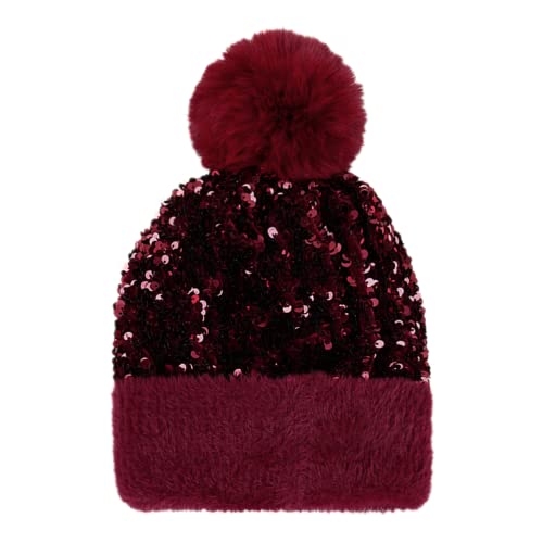 Women Girls Winter Sequin Beanie Hat with Faux Fur Pom Pom Knit Skull Cap - color: Rose Red