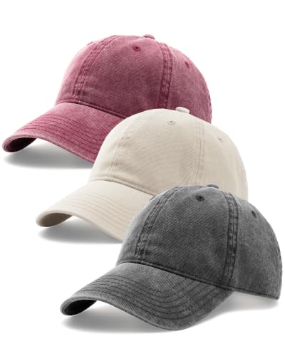 FURTALK 3 Packs Unisex Vintage Washed Cotton Distressed Baseball Cap - color: Black+beige+wine Red, size: Medium-Large