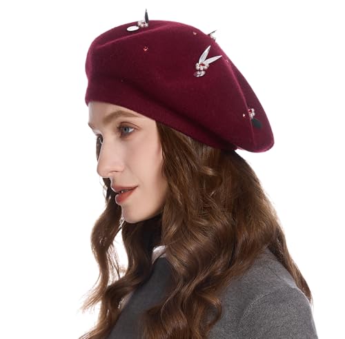 ZLYC Women French Beret Hat Reversible Knit Thickened Warm Artist Cap - color: Paillettes Bunny Burgundy