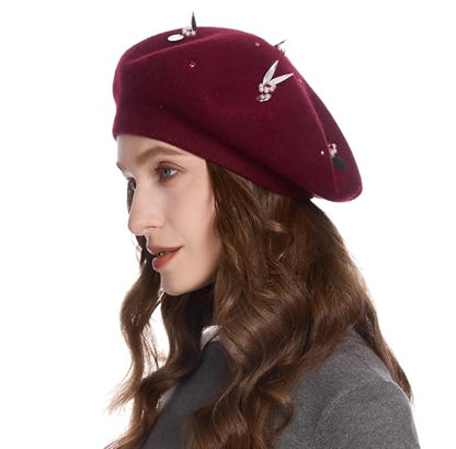 ZLYC Women French Beret Hat Reversible Knit Thickened Warm Artist Cap - color: Paillettes Bunny Burgundy
