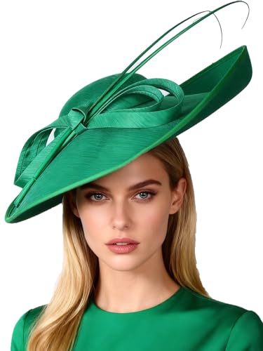 Big Wide Brim Fascinator Hats for Women Ladies Kentucky Tea Party Dress Flat Top Fedoras Hat with Bow Feather - color: Green 1