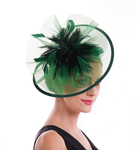 SAFERIN Women's Fascinators Feathers Tea Party Hat Veil Headband with Hair Clip for Cocktail Church - color: A-green