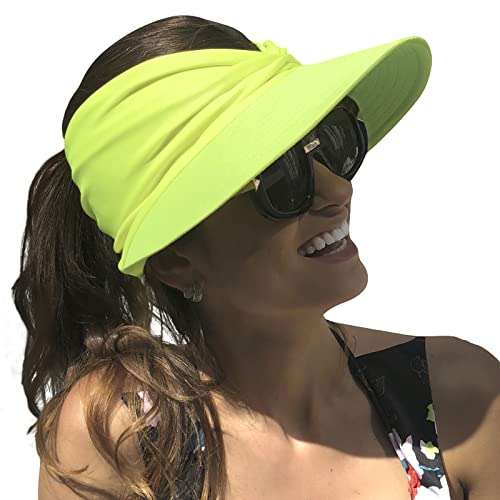 Muryobao Womens Sun Visor Hat Wide Brim Summer UPF 50+ UV Protection Beach Sport Cap - color: Neon Yellow