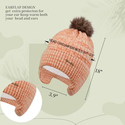 FENELY Women's Knitted Warm Beanie Winter Hat, Warm Chunky Snow Hat with Pompom - color: Orangespacedye