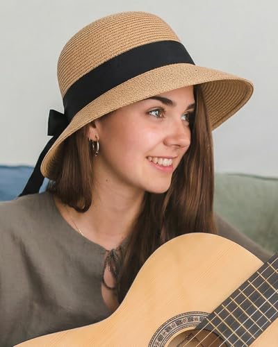 Womens Straw Beach Sun Hat, UV Protection UPF 50+, Lightweight Straw Bucket Hat, Summer Travel - color: Khaki-ribbon, size: Medium