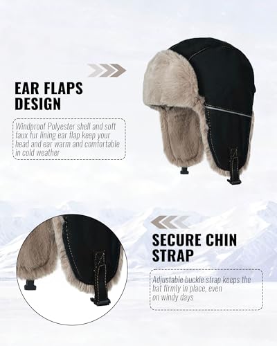 CLAPE Winter Trapper Hat with Ear Flaps, Warm Faux Fur Lined Windproof Snow Cap Aviator Hat with Reflective Strap - color: Pl2509-khaki