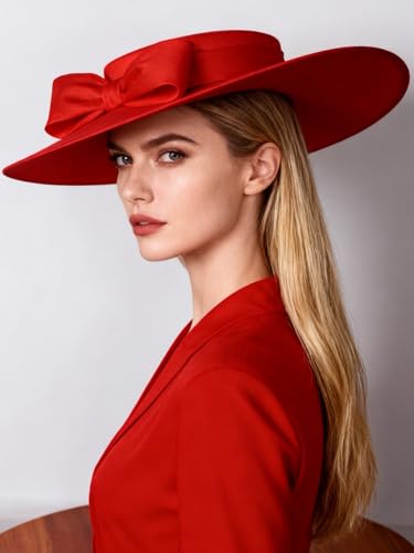 Wide Brim Hats for Women Big Bowknot Formal Occasion Kentucky Cap Lady Wedding Cocktail Party Flat Top Fedoras - color: Wine Red