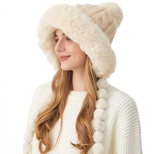 HUAMULAN Women Winter Sherpa Beanie Hats Knit Ear Flaps Fleece Lined - color: Beige With Braids