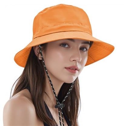 Womens Waterproof Bucket Hat - Packable Sun Hat UV Protection Hiking Hats with Adjustable Drawstring for Outdoor Activities - color: Orange