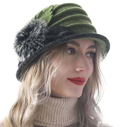 Women's Wool Dress Church Cloche Hat Bucket Winter Floral Hat - color: Green