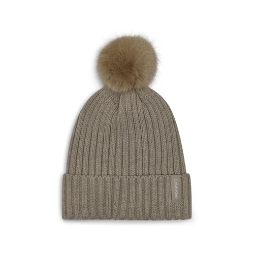 Calvin Klein Women's Faux Fur Pom Winter Beanie with Velboa Fleece Lining - color: Heathered Almond