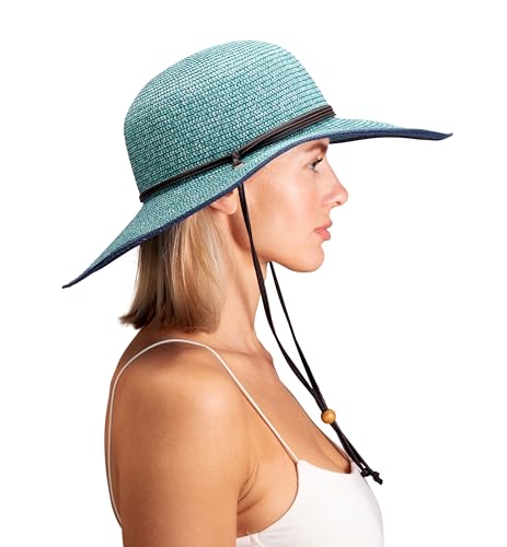 Sloggers Women's Wide Brim Braided Sun Hat with Wind Lanyard - UPF 50+ Maximum Sun Protection - color: Grey Blue