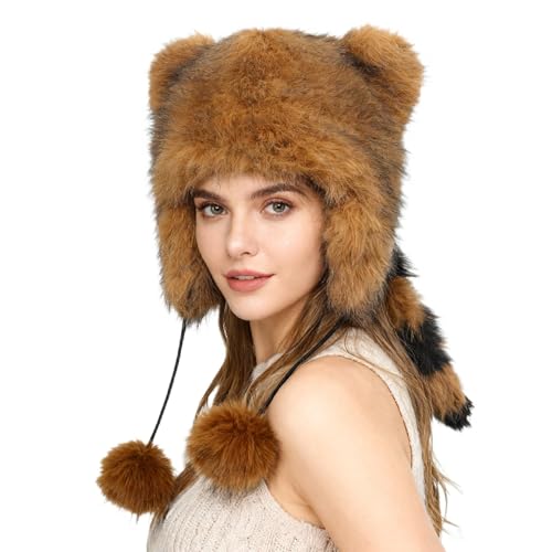 Holiberty Cute Animal Horns Ears Winter Hat Plush Fur Warm Trapper Hat Funny Viking Christmas Halloween Costume Snow Ski Hat - color: Brown, With Raccoon Ears Tail