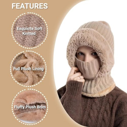 Women’s Knitted Beanie Hat with Face Cover - 3 in 1 Winter Balaclava with Mask Scarf Ear Muffs Pompom Fleece Lined Snow Caps - color: Beige-a