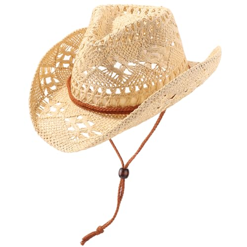 DRESHOW Straw Cowboy Cowgirl Hat for Women Men Western Coastal Cowboy Beach Hat with Shapeable Brim Unisex Rolled up Caps - color: 1 Pack Straw Woven Hollowed-out: Beige