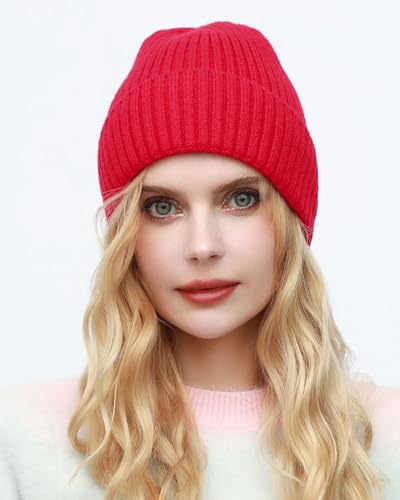 ROYBENS Womens Satin Lined Beanie for Men Wool Knit Cuffed Warm Winter Hats - color: 1pcs-red