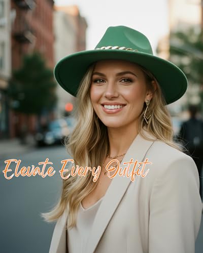 Men & Women Wide Brim Fedora Hat with Chain Buckle - color: Chain Belt-forest-green