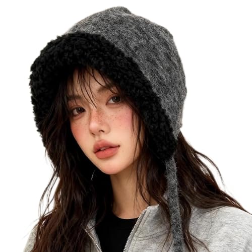 Women Winter Fleece Beanies Hat with Ear Flaps Soft Warm Crochet Skull Cap - color: A Grey