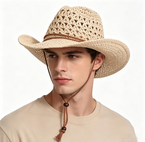 Men's Floppy Packable Straw Hat Beach Cap Newsboy Fedora Sun Hat, Big Brim, Adjustable Chin Strap - color: Beige-a