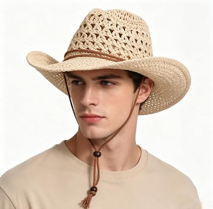 Men's Floppy Packable Straw Hat Beach Cap Newsboy Fedora Sun Hat, Big Brim, Adjustable Chin Strap - color: Beige-a