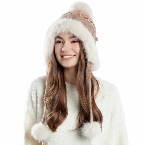 Women Winter Sherpa Beanie Hats Knit Ear Flap Hat Fleece Lined - color: Patterned Khaki