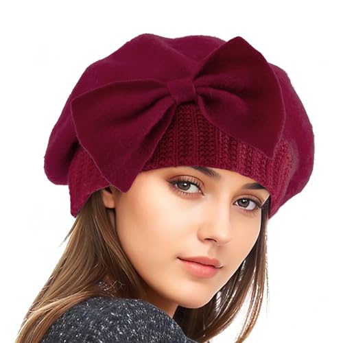 Century Star Lady French Beret Hats for Women Chic Wool Beret for Adults Fashionable Winter Warm Cap Beanie Hats - color: Wine Red