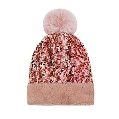 Women Sparkly Sequins Knitted Beanie Hat Warm Winter Skull Cap with Faux Fur Pom Pom - color: Pink