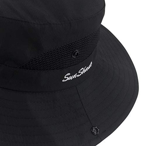 Muryobao Women's Ponytail Sun Hat UV Protection Foldable Mesh Wide Brim Beach Fishing Hat - color: Pure Black