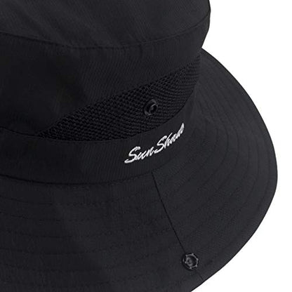 Muryobao Women's Ponytail Sun Hat UV Protection Foldable Mesh Wide Brim Beach Fishing Hat - color: Pure Black