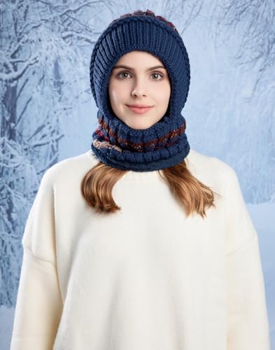 HUAMULAN Women Winter Knit Beanie Hats One Piece Fleece Lined Balaclavas - color: Navy + Colorful Stripe
