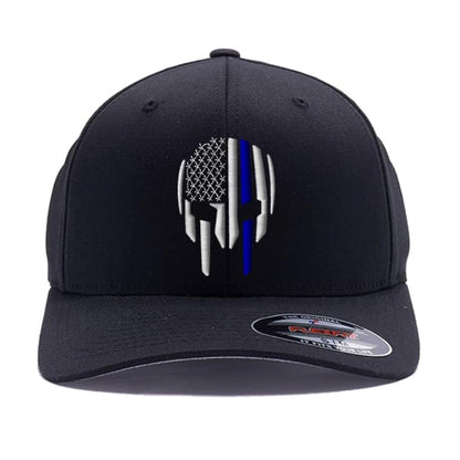G&B Red Thin Red/Blue Line Spartan Helmet & Distressed Skull Flex Baseball Cap. Embroidered. 6277/6477 Flex Baseball Hat - color: Black, size: Small-Medium