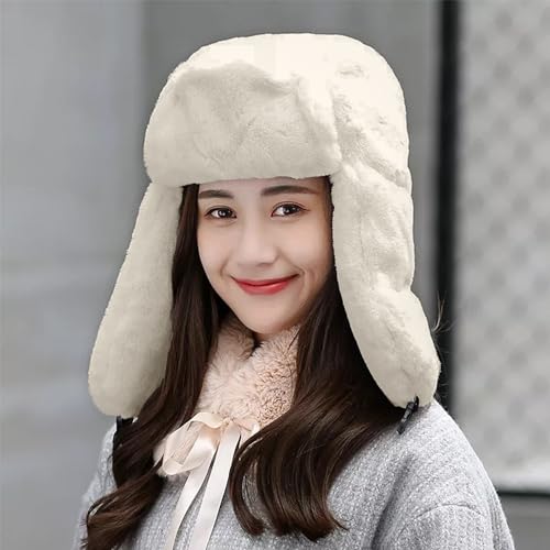 Womens Faux Fur Fuzzy Trapper Hat Winter Ear Flap Trooper Aviator Hat - color: White