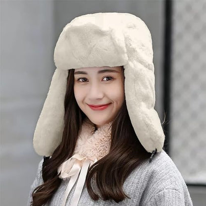 Womens Faux Fur Fuzzy Trapper Hat Winter Ear Flap Trooper Aviator Hat - color: White