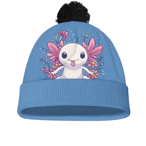 Girls Boys Winter Warm Knit Beanie Pompom Elasticity Slouchy Hat Skull Caps for Childrens - color: Blue Cute Axolotl