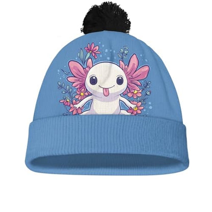 Girls Boys Winter Warm Knit Beanie Pompom Elasticity Slouchy Hat Skull Caps for Childrens - color: Blue Cute Axolotl