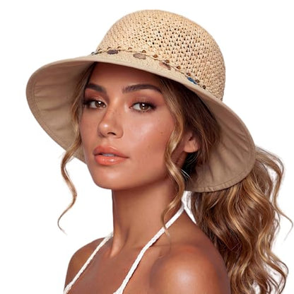 TOP-EX Ponytail Cooling Beach Straw Sun Hat Women UV Natural L