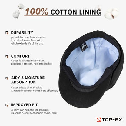 XL XXL Oversized 8 Panel Natural Linen Flat Cap Newsboy Hat Lightweight Summer Cooling Golf Outdoor Eco-Friendly - color: Black(elastic), size: Medium-Large