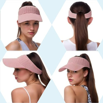 Sun Visor Hats, Wide Brim Sun Hats with UV Protection, Knitted Running Visors for Women - Ponytail Friendly, Quick Drying - color: Pink