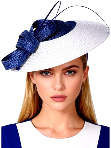 Vintage Fascinators Pillbox Hat for Women Straw Fedora Wide Brim Ladies Church Sinamay Derby Hats - color: Blue White