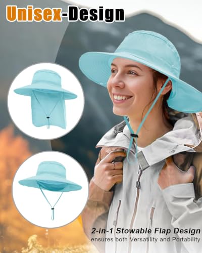 Outdoor Sun Hats with Stowable Neck Flap for Men Women UPF 50+ Mesh Summer Bucket Hat Wide Brim for Fishing Safari Hiking - color: Blue