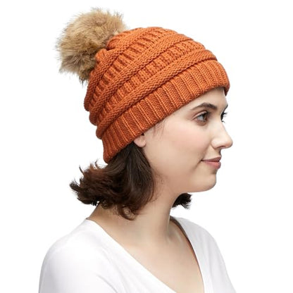 C.C Fur Pom Winter Fall Trendy Chunky Stretchy Cable Knit Beanie Hat - color: Solid Rust