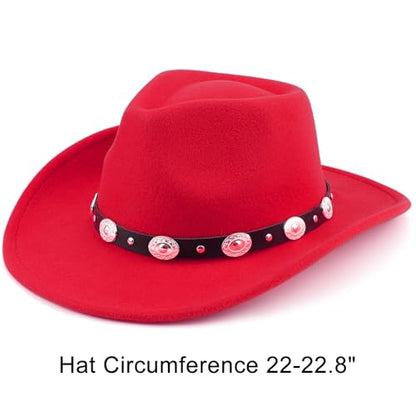 DRESHOW Women Men Classic Felt Wide Brim Western Cowboy & Cowgirl Cap Belt Buckle Retro Panama Hat Unisex Rolled up Caps - color: 1 Pack: Red (Hat Circumference: 22-22.8")