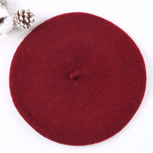 Womens Wool French Beret Chic Solid Beanie Hat Stretchable Classic Beret - color: Claret