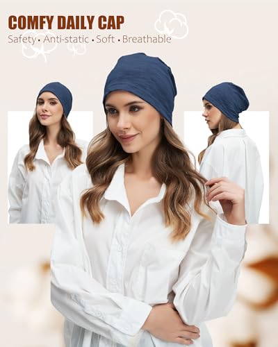100% Cotton Thin Summer Slouchy Beanie Hat for Women Men Chemo Cap - color: 1pc Navy Blue, size: Large
