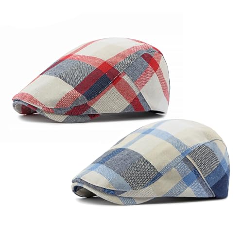 2 Pack Men's Plaid Cotton Flat Newsboy Ivy Cabbie Golf Gatsby Cap Hat - color: Rb12