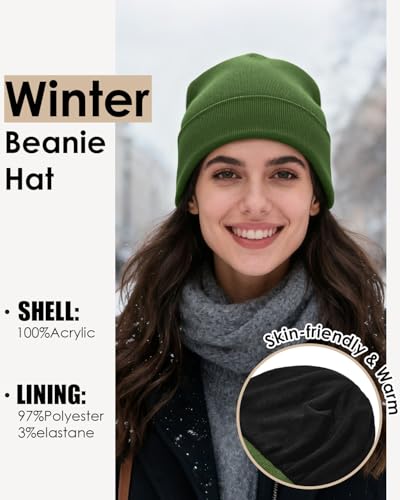 Century Star Men's Fleece-Lined Beanie Winter Knit Hat - Stretchable, Warm, Windproof, Unisex Cuffed Ski Cap for Sports - color: Amy Green